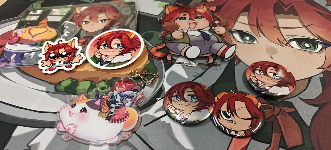 Mixed Goodies with mousepad/postcard art by Ralire, Standee by AzeniaAii, Buttons by Grissat_ and coffee boy and charm by Yokobutt, goober sticker by Bubbleslauren.